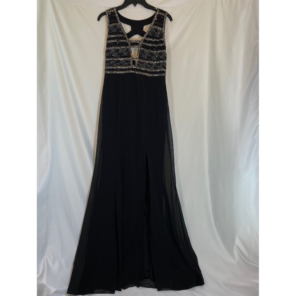 Adrianna Papell Dress Womens size 8 Formal Prom Long Beaded Gown Black Silvr